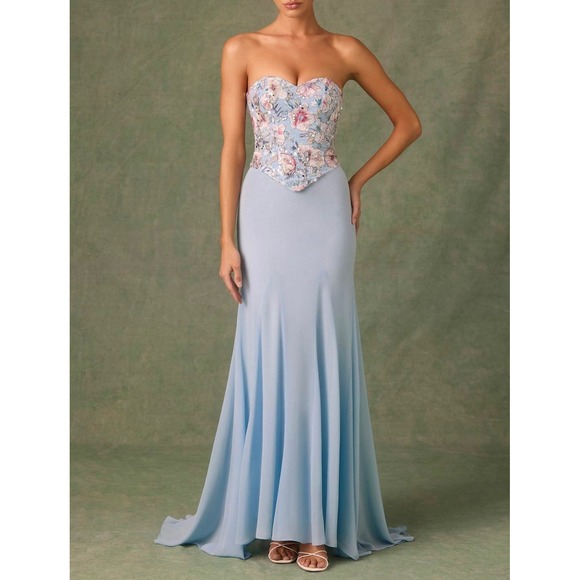 Oh Polly Dresses & Skirts - Oh Polly Blue Floral Embroidered Corset Maxi Dress Lace Up Back US 4‎ New